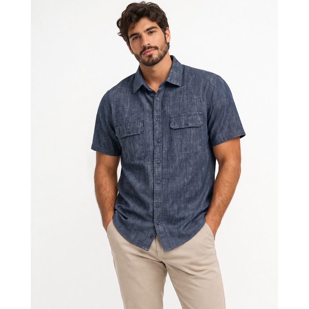 Express Mens sz S Casual Button‎ Up Shirt Blue Denim Short Sleeve Collred